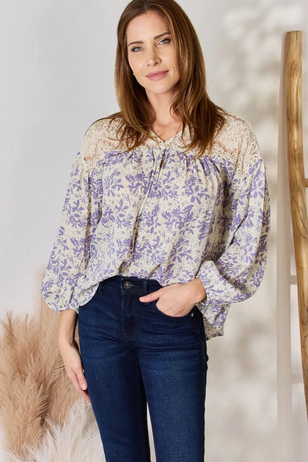Hailey & Co Full Size Lace Detail Printed Blouse LILAC - Fashorio