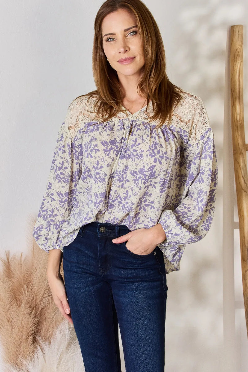 Lace detail printed blouse front view