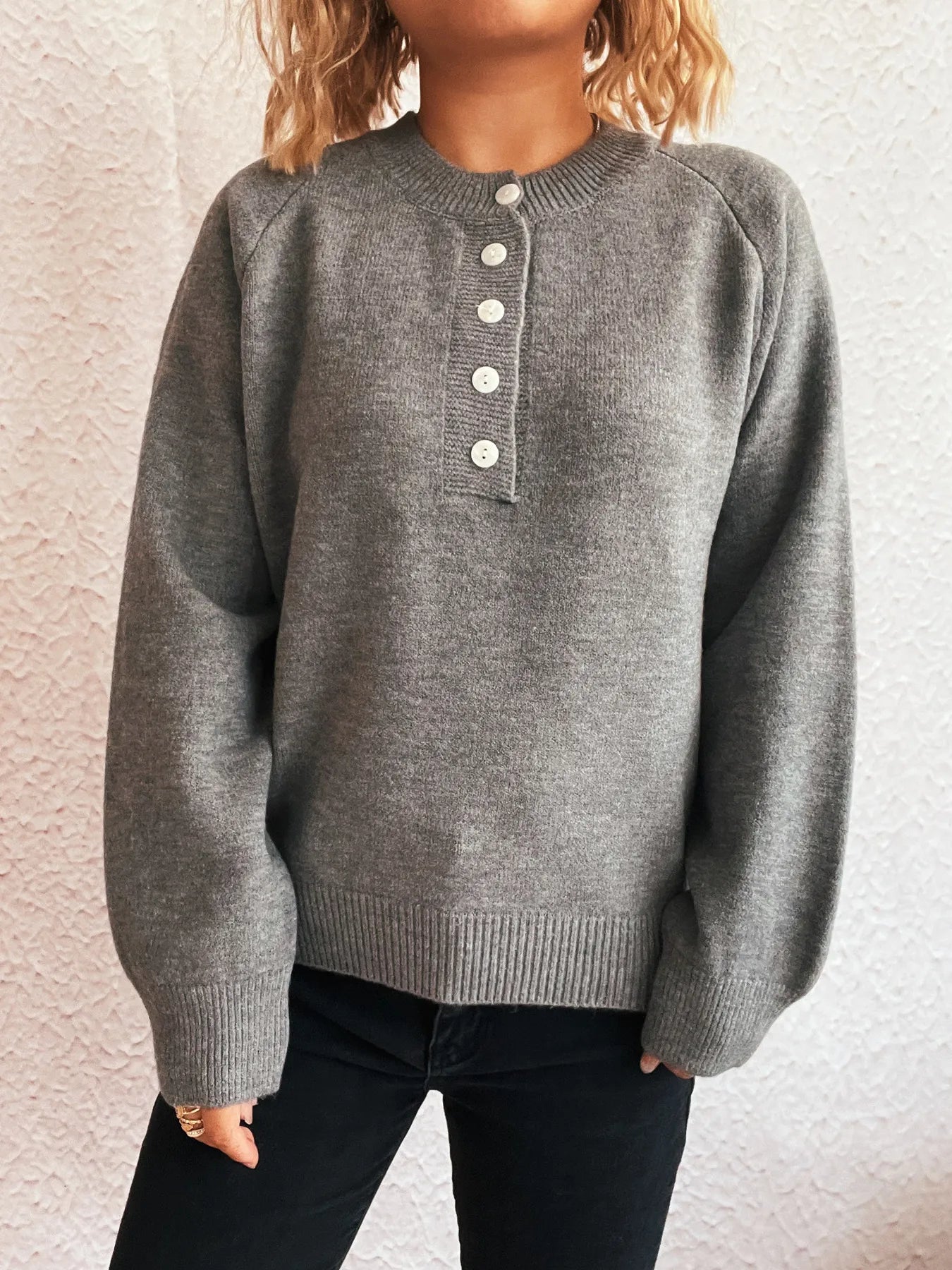 Button-Front Long Sleeve Sweater - Fashorio