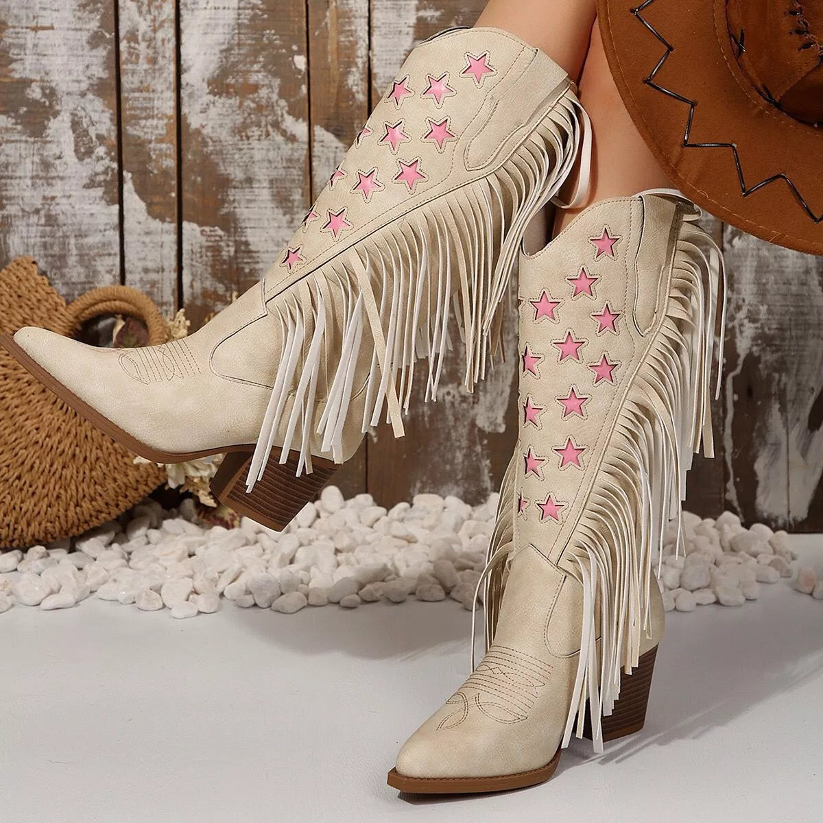 Star Fringe Block Heel Boots heel and sole detail