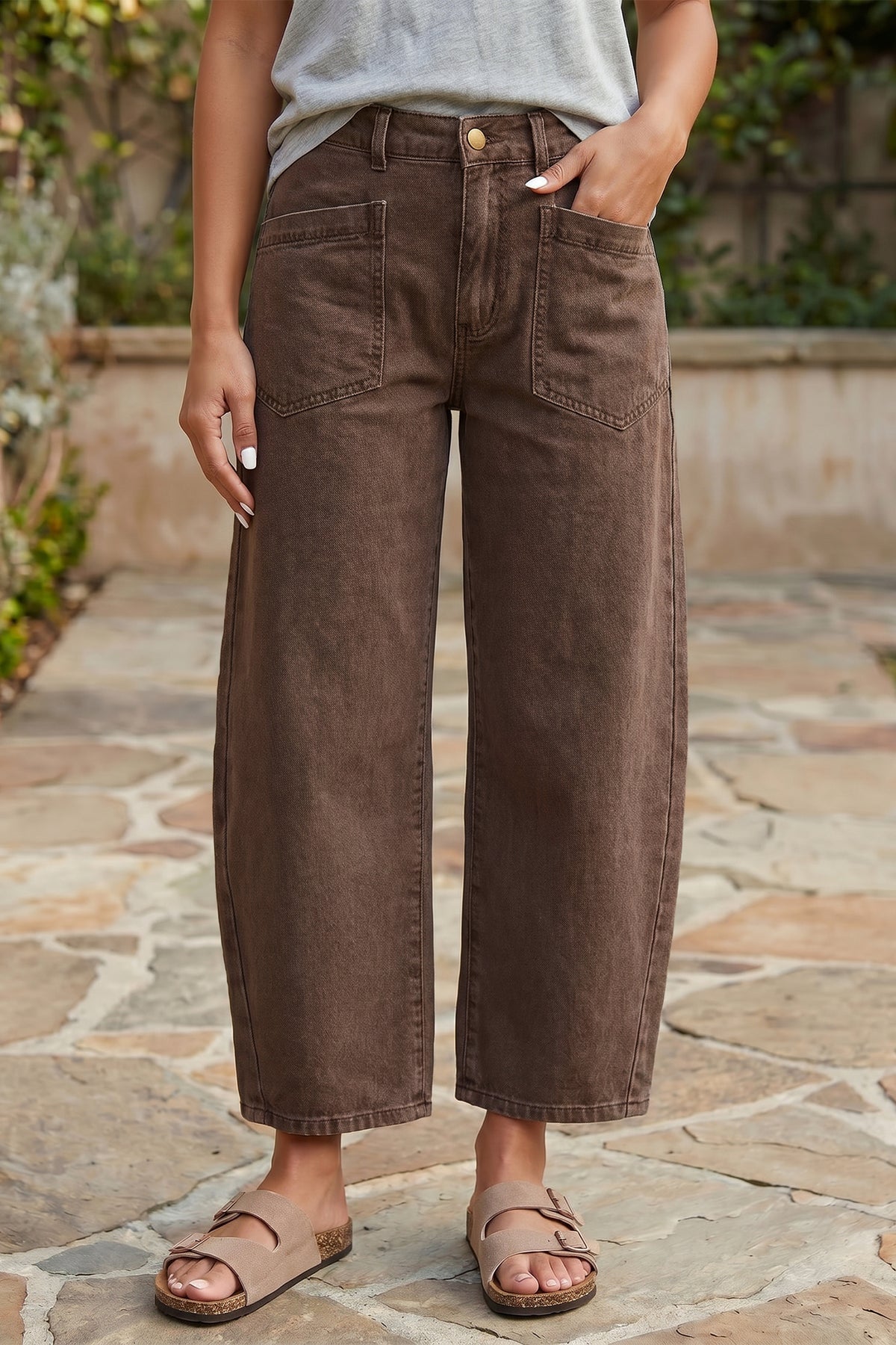 Brown patch pocket barrel jeans front view