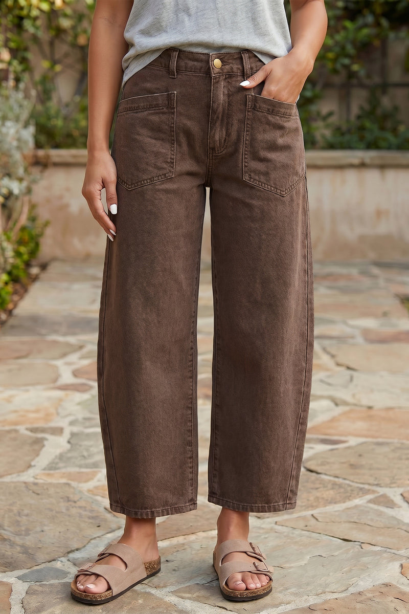 Brown patch pocket barrel jeans front view