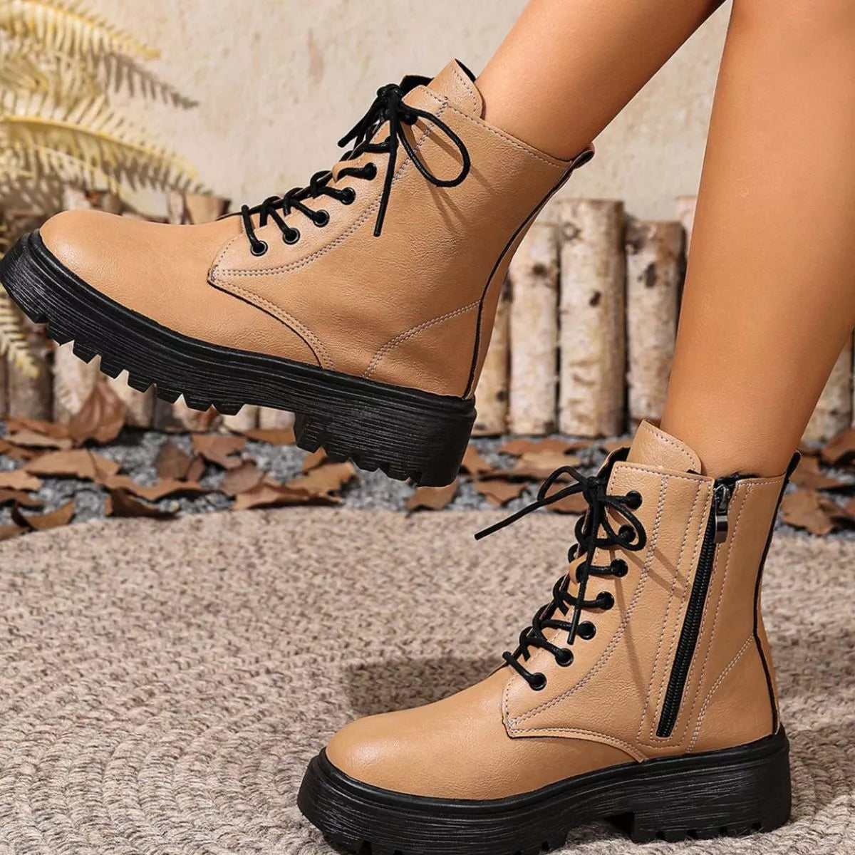 Brown round toe block heels boots heel detail