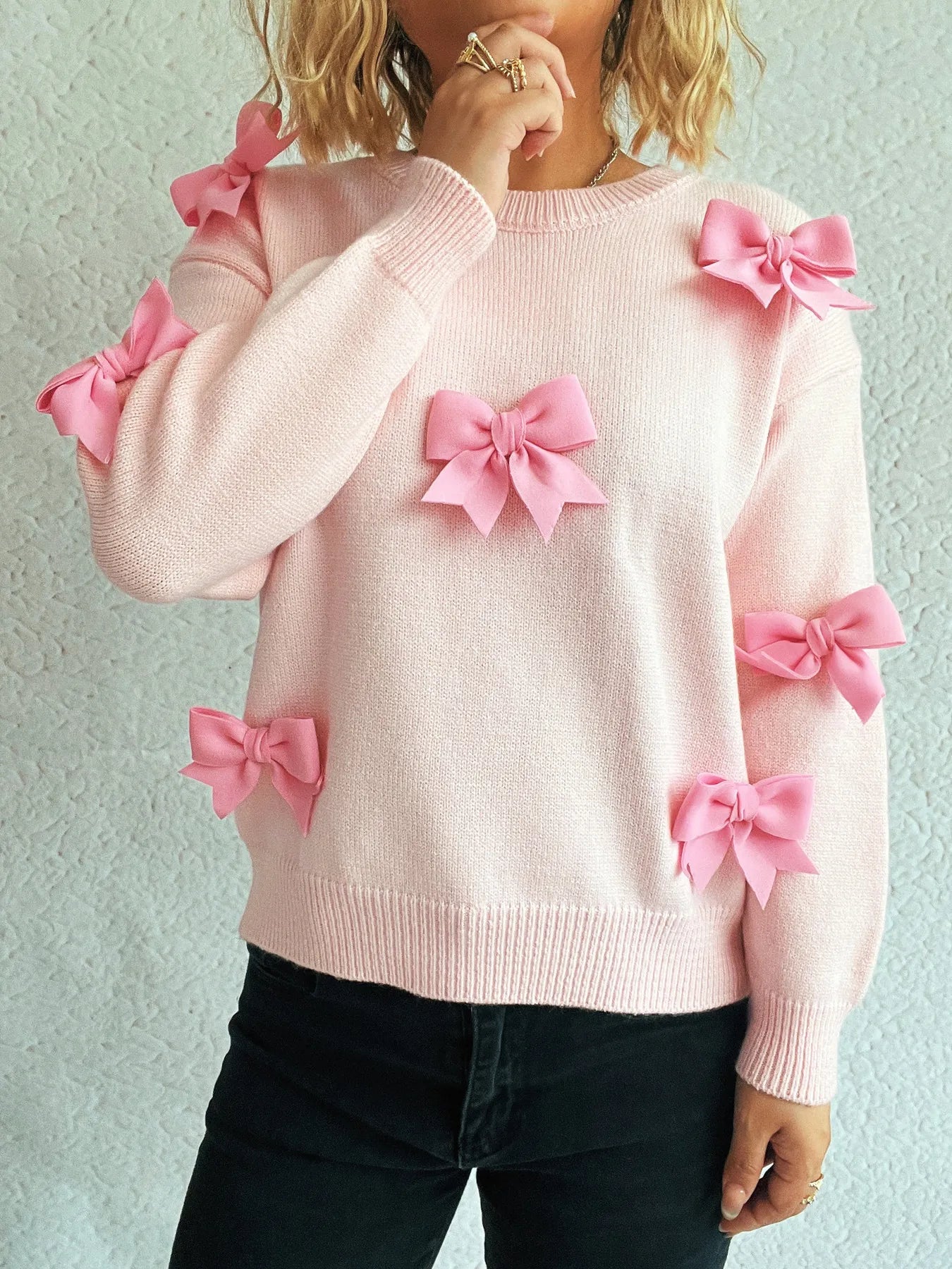 Bow Round Neck Long Sleeve Sweater Pink One Size - Fashorio