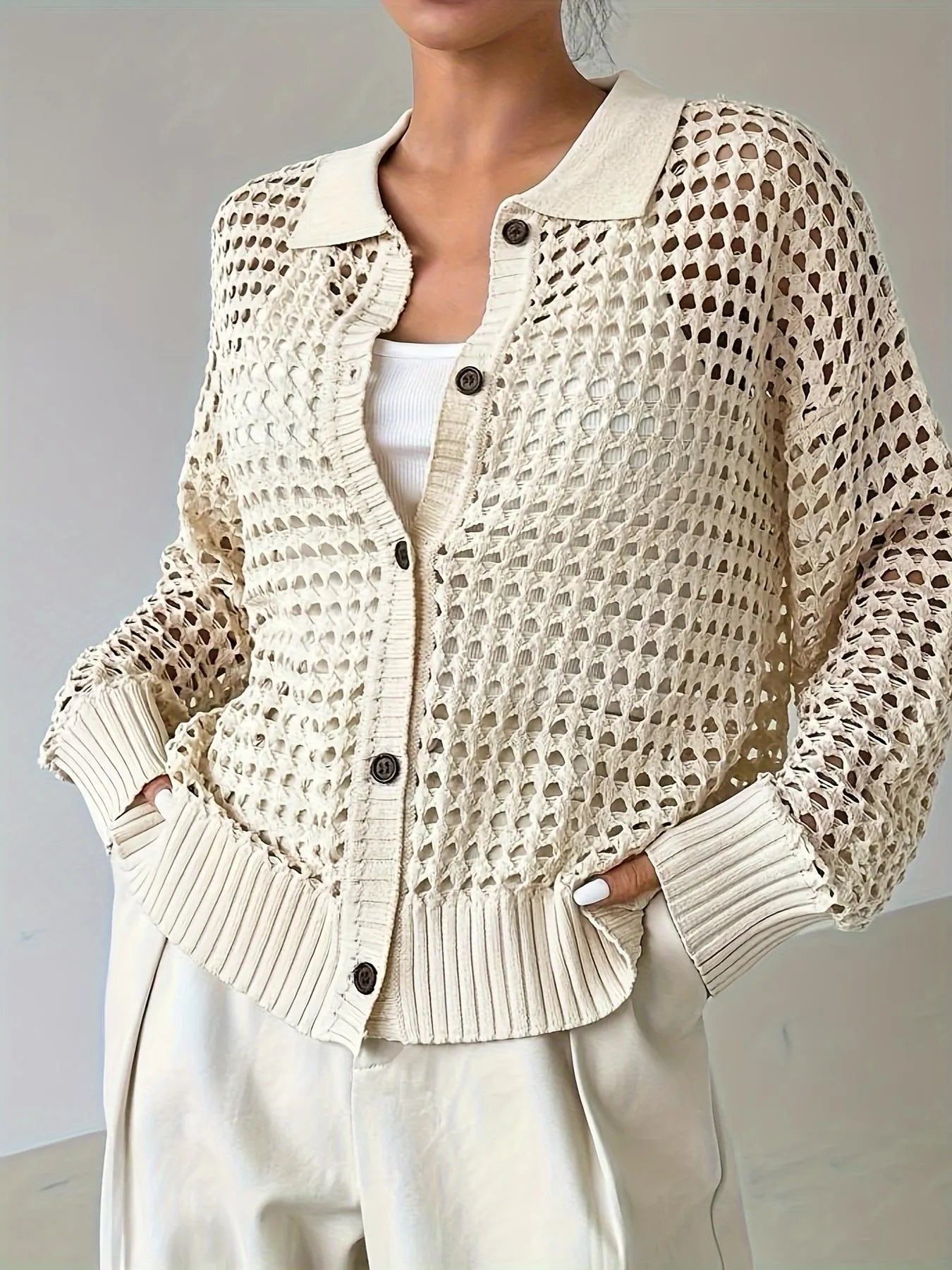 Hollow Out Knit Button Front Cardigan - Fashorio