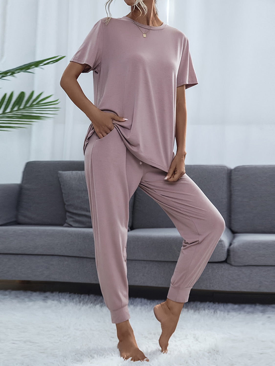 Shiny Round Neck Short Sleeve Top and Pants Set Lilac - Fashorio