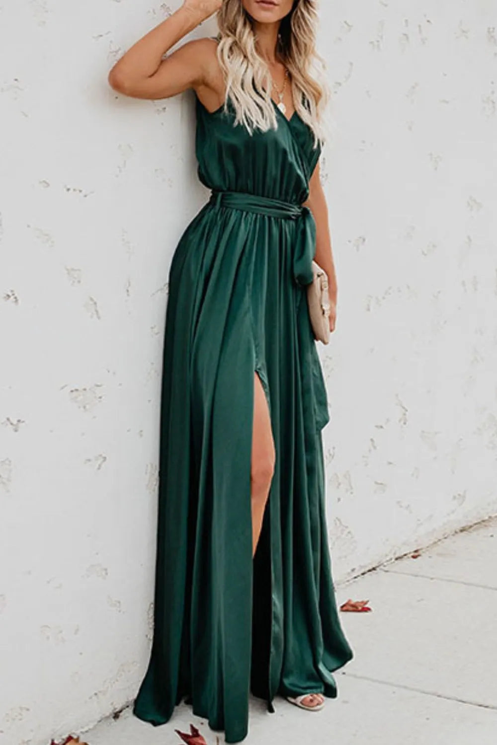 Surplice tie waist maxi dress back detail