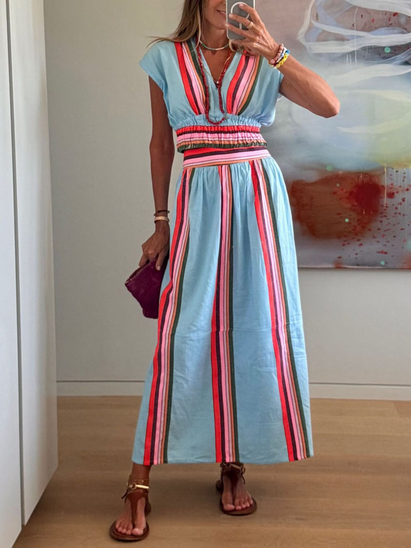 Striped cap sleeve top and skirt two piece set front view