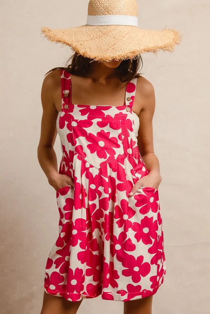 BiBi Floral Prints Tuck Detail Short Overall With Pockets - Fashorio