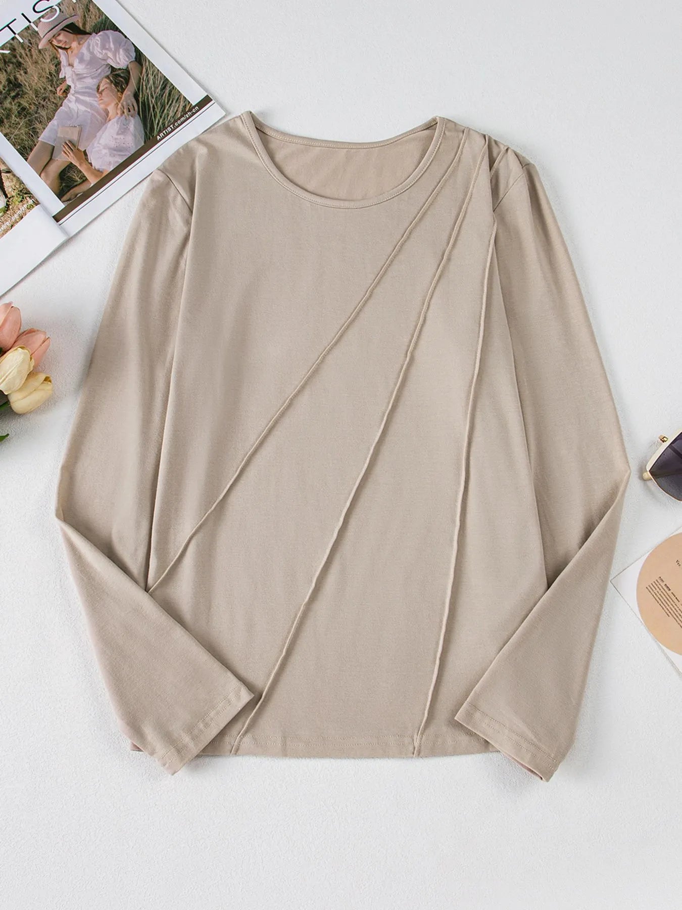 Asymmetric Seam Detail Long Sleeve Top - Fashorio