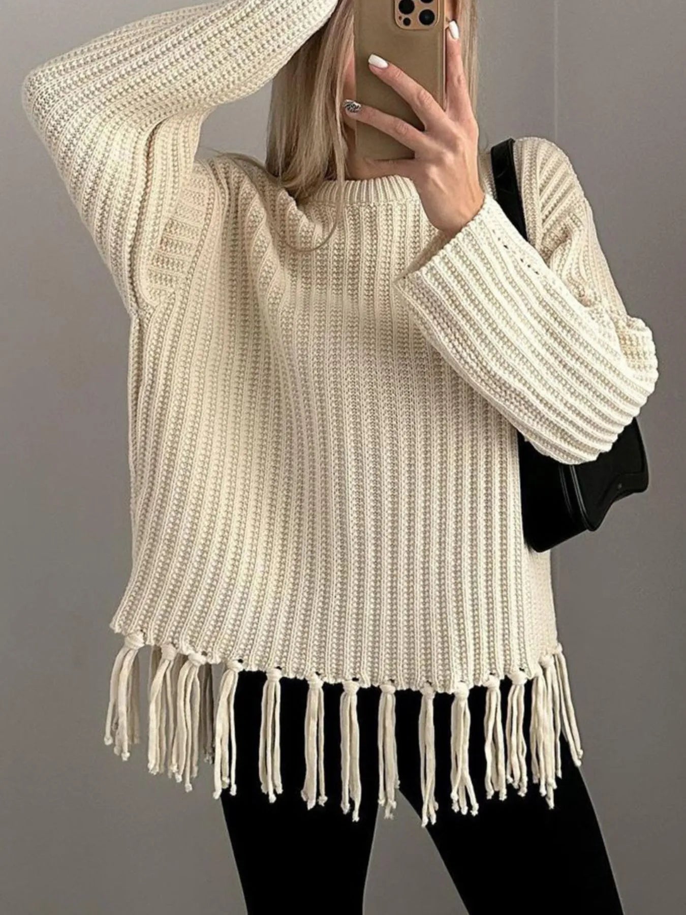 Fringe Round Neck Long Sleeve Sweater - Fashorio