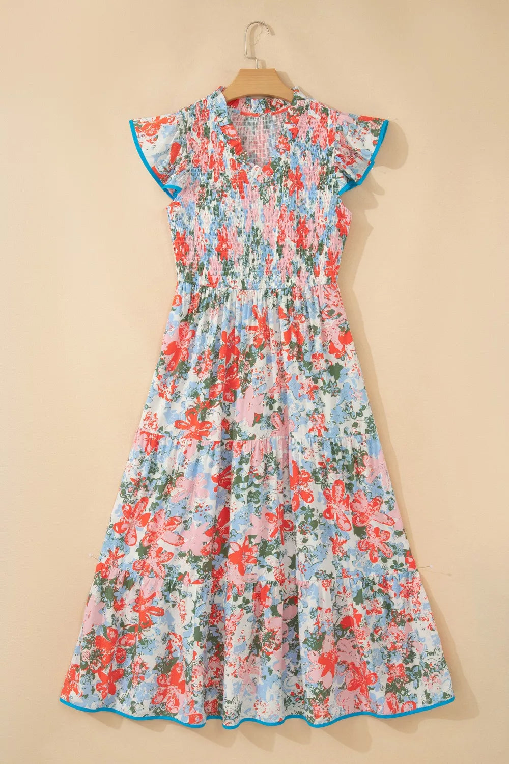 Floral print V neck flutter sleeve maxi dress styled view
