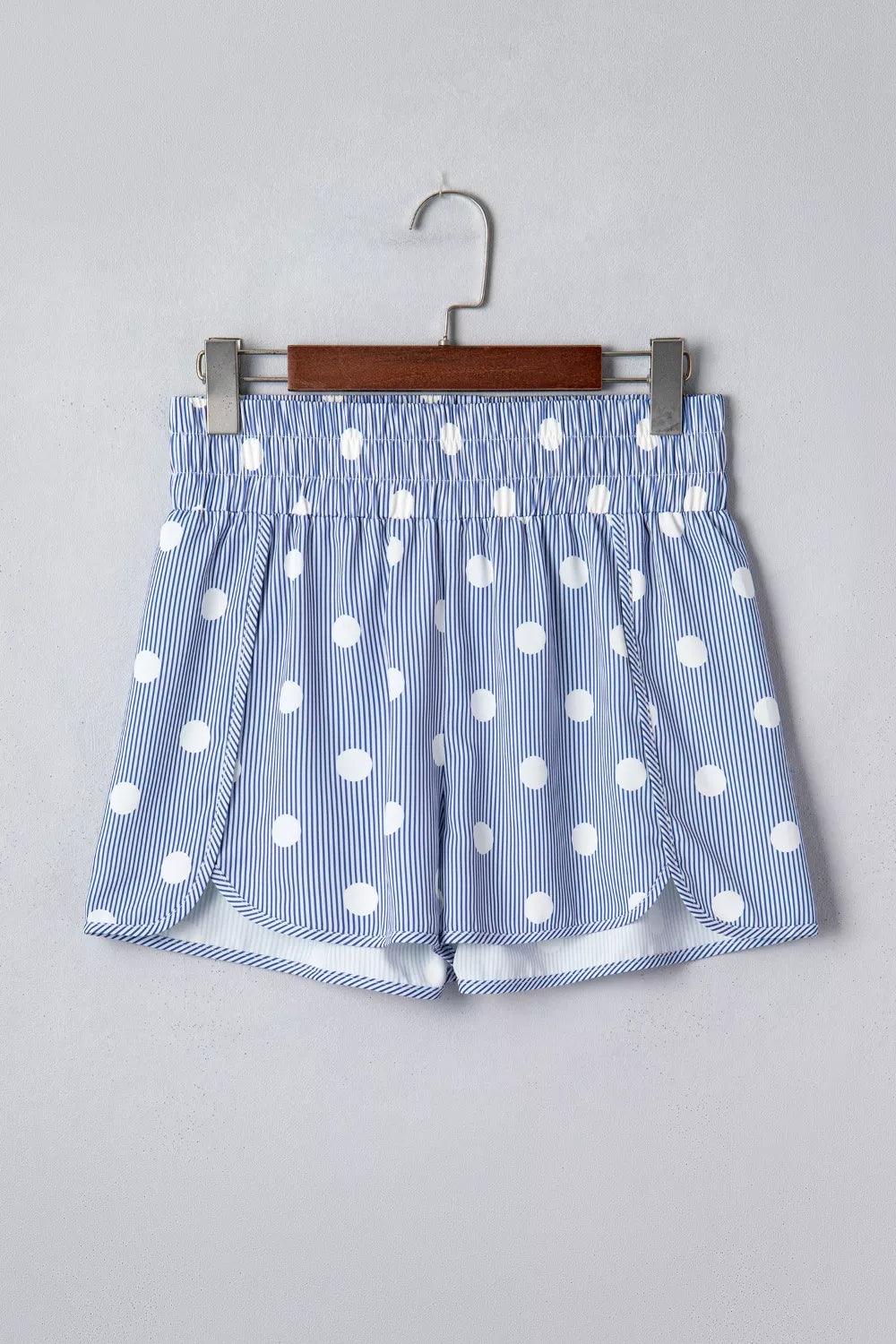 Light blue polka dot elastic waist shorts, styled look