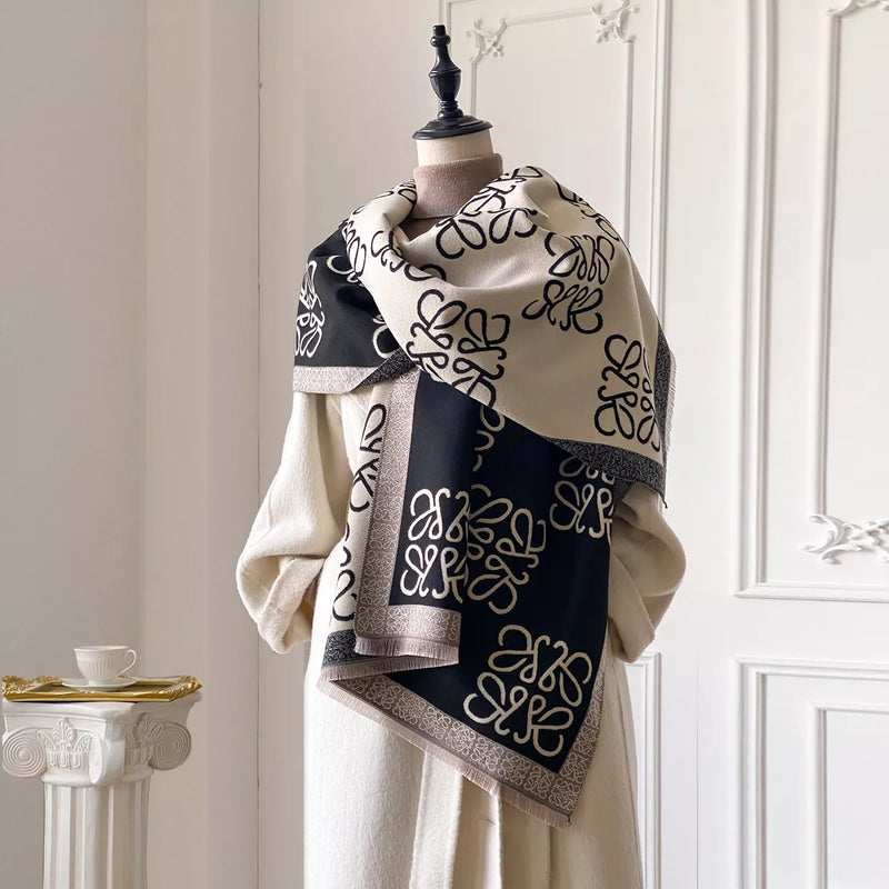 Black raw hem winter scarf draped view