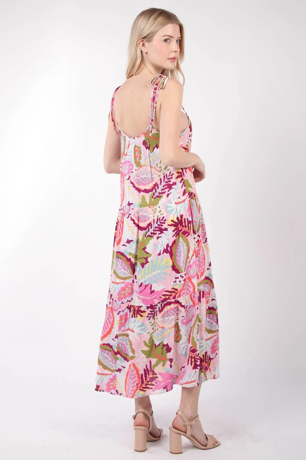 Tropical Print Cami Midi Dress in Pink back view