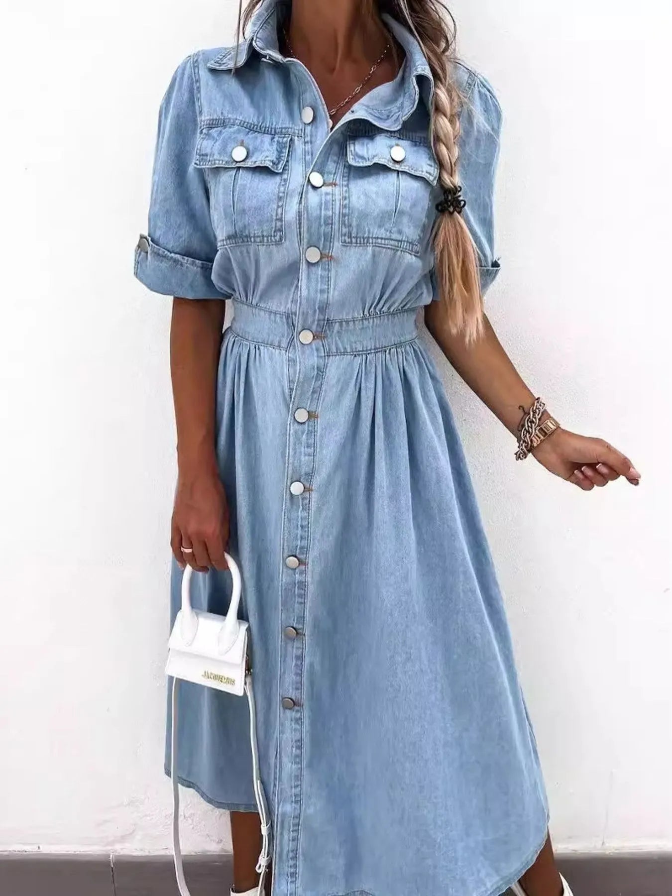 Full Size Button Down Roll-Up Sleeve Denim Shirt Dress Plus Size - Fashorio