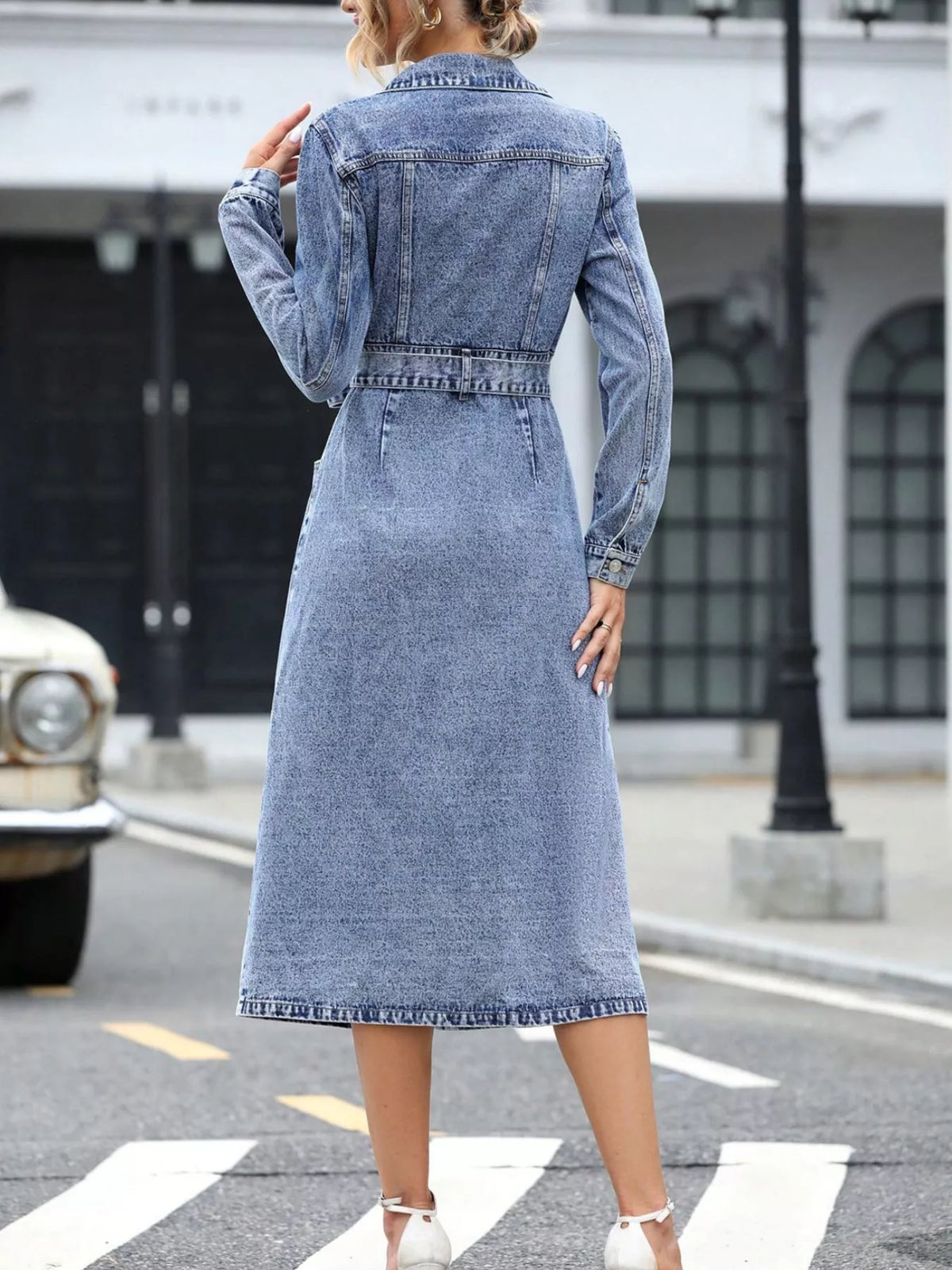 Belted long sleeve denim dress flat lay