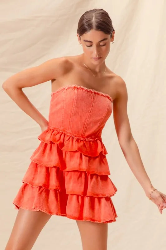 Strapless Ruffle Layered Dress in Orange view 7
