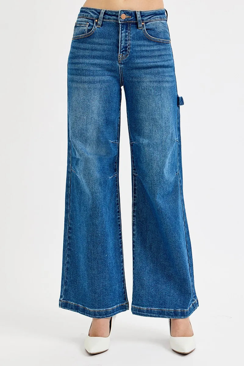 RISEN high rise wide leg patch detail jeans dark wash front