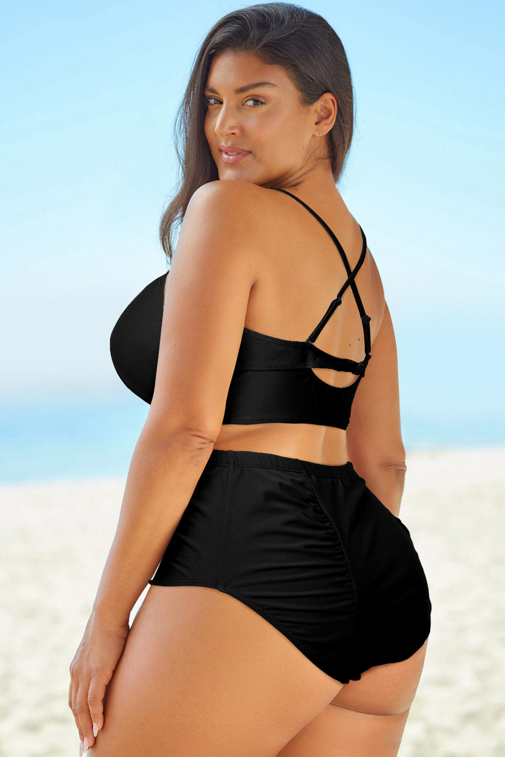 Full Size Halter Neck Crisscross Ruched Two-Piece Swimsuit - Fashorio