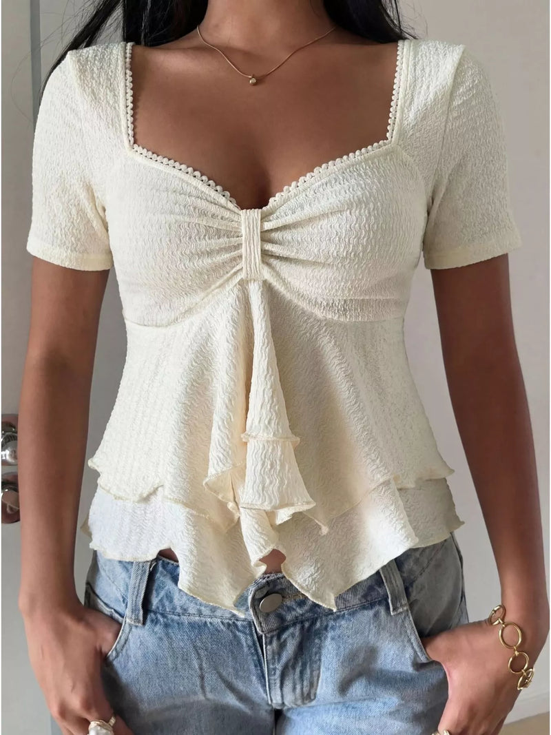 White sweetheart neck layered ruffle top, front view