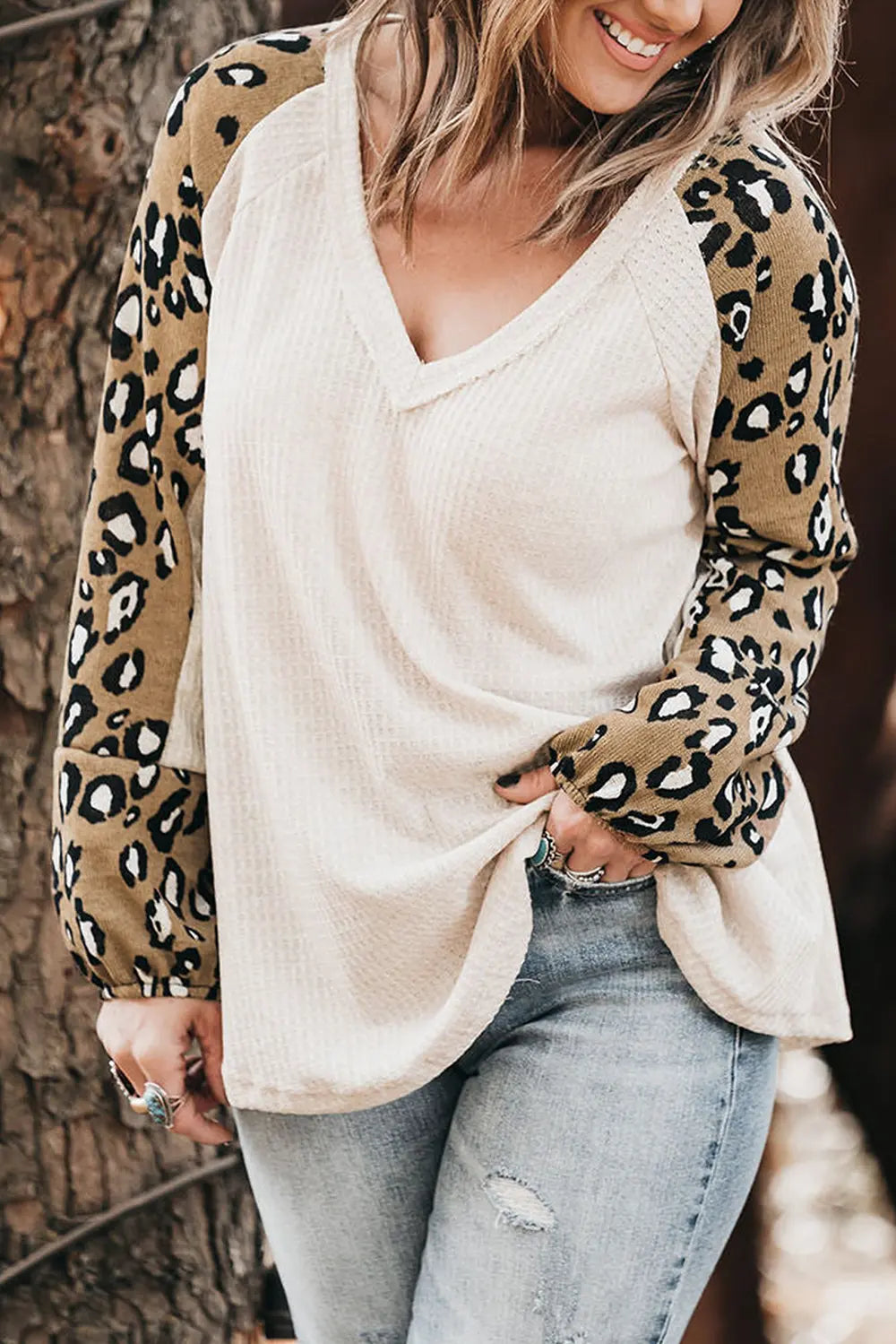 Plus Size Leopard V-Neck Raglan Sleeve Blouse White - Fashorio