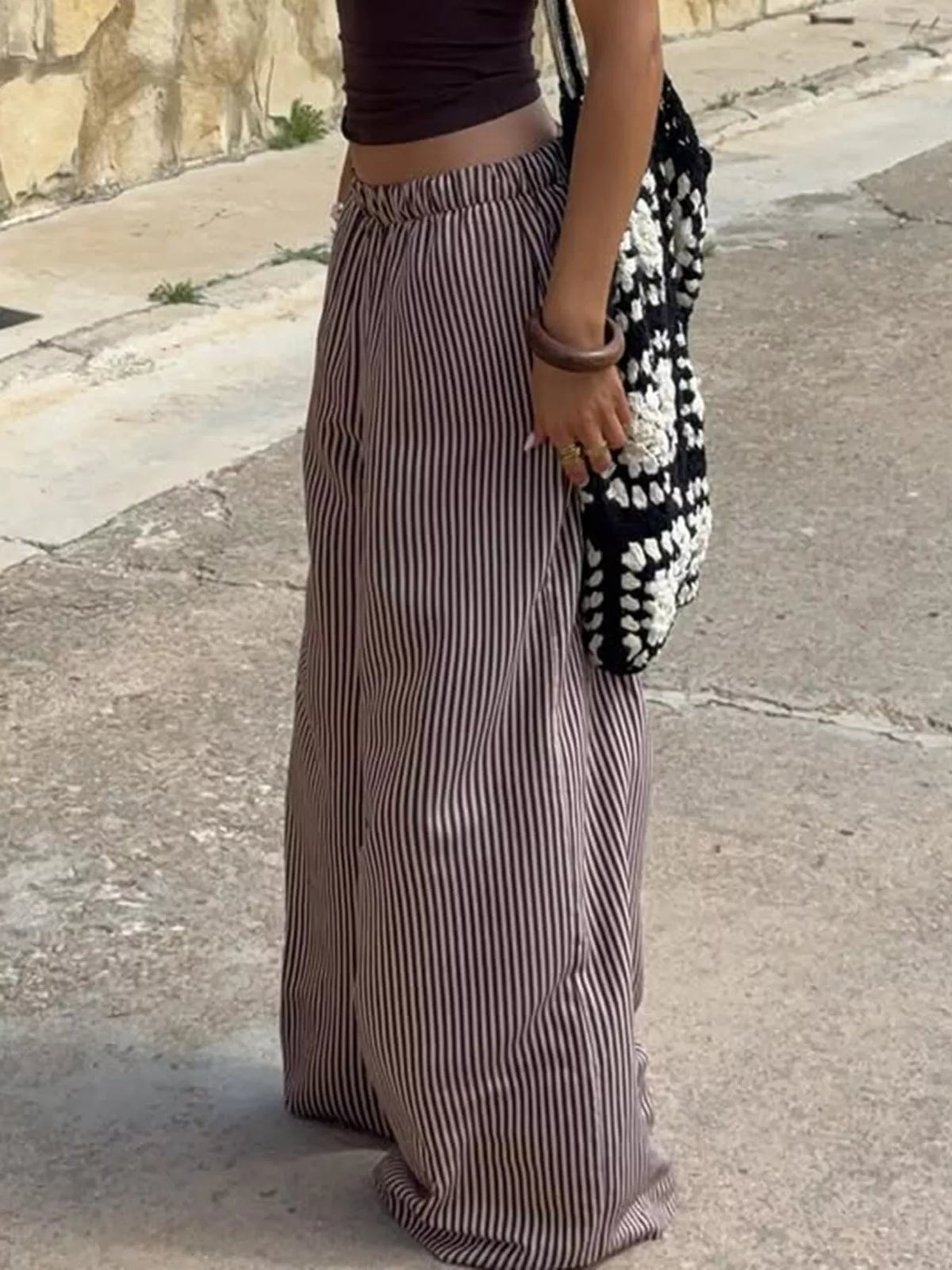 Brown striped tie waist wide leg pants detail view