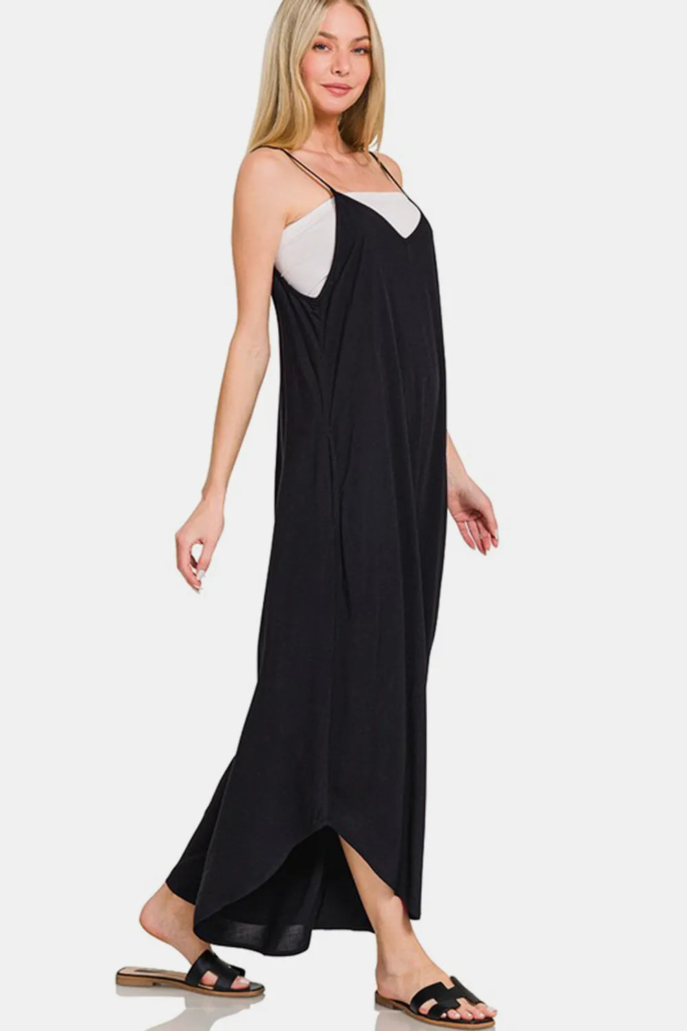 Spaghetti Strap Wide Leg Overalls with Pockets side view
