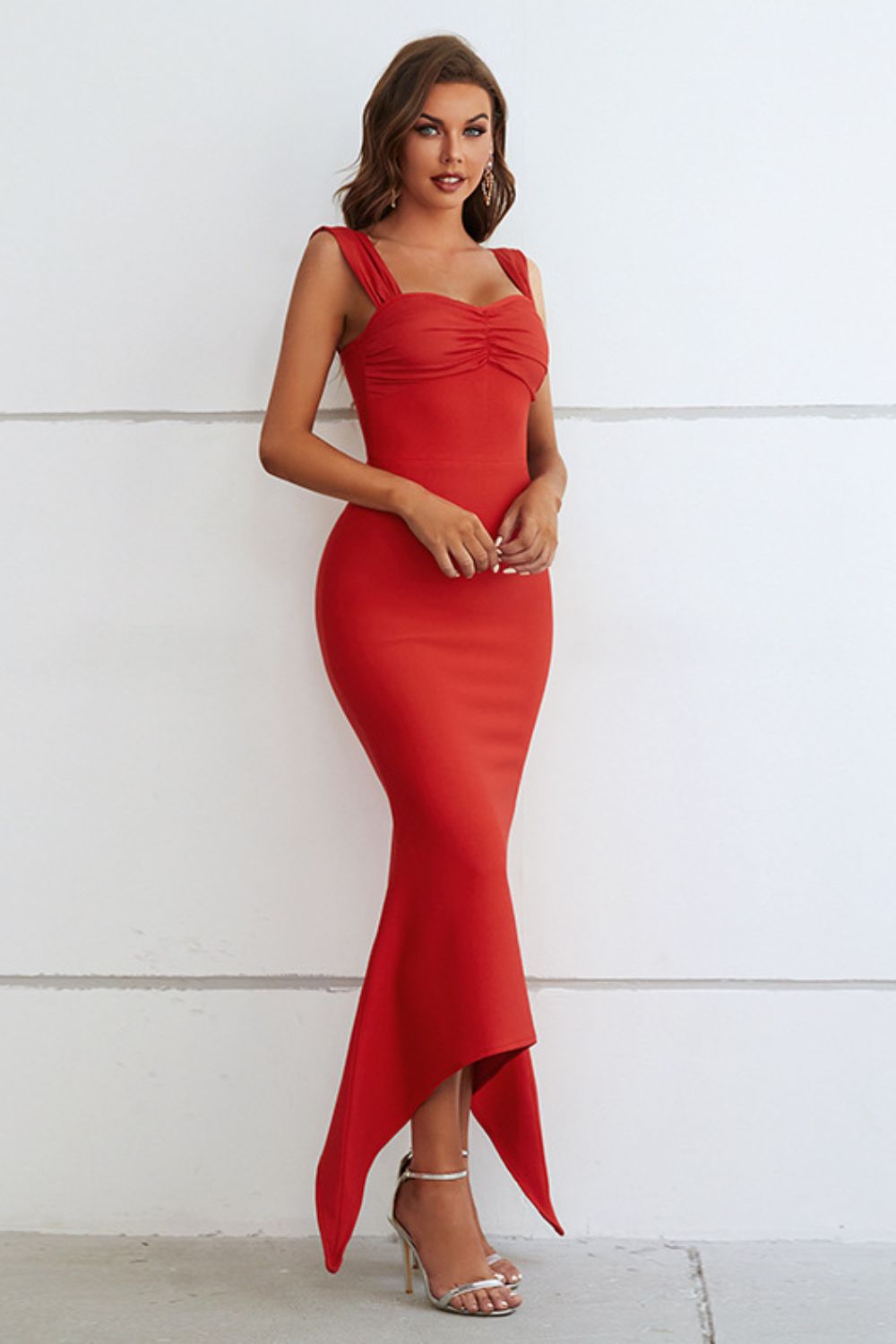 Red sleeveless cocktail midi dress side view