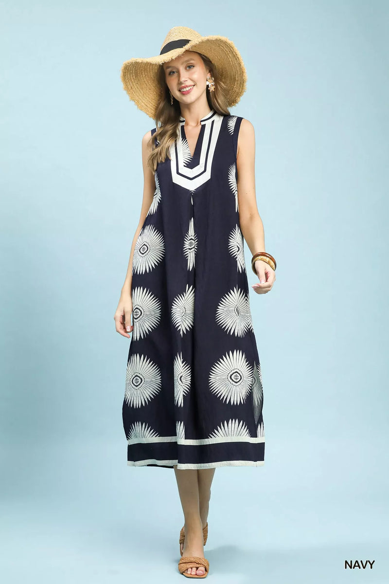 Umgee sleeveless geometric print midi dress in navy front view