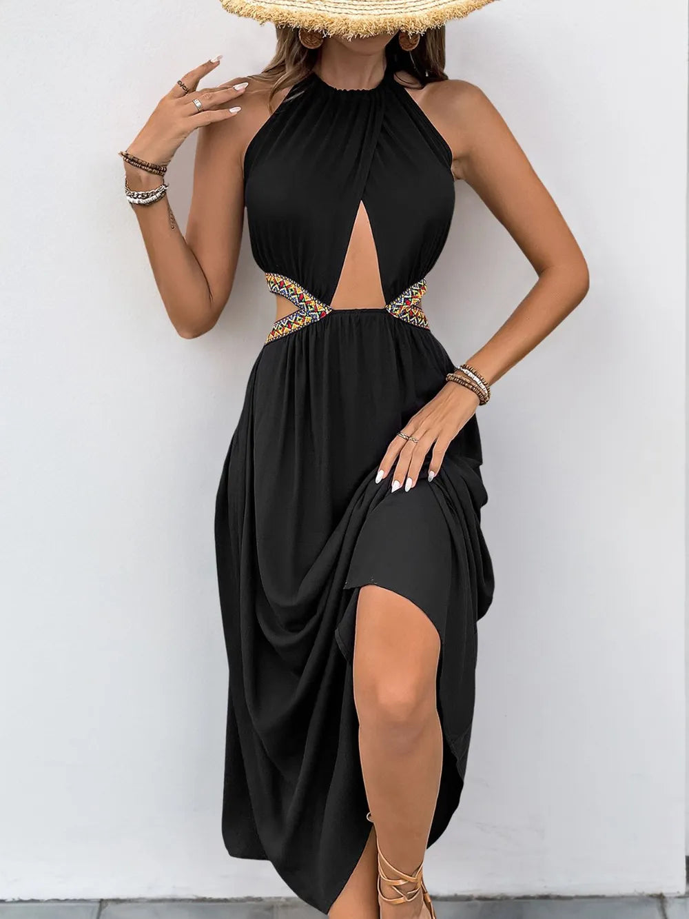 Grecian neck maxi dress side view