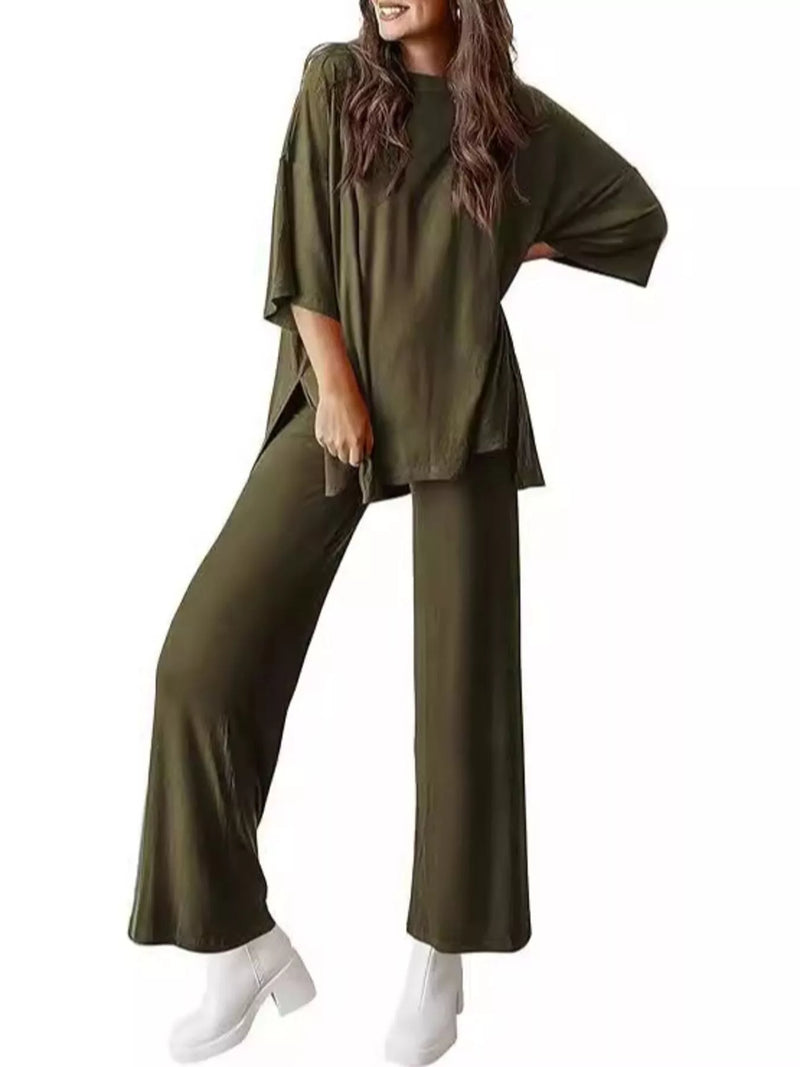 Relaxed fit round neck top and pants set front view
