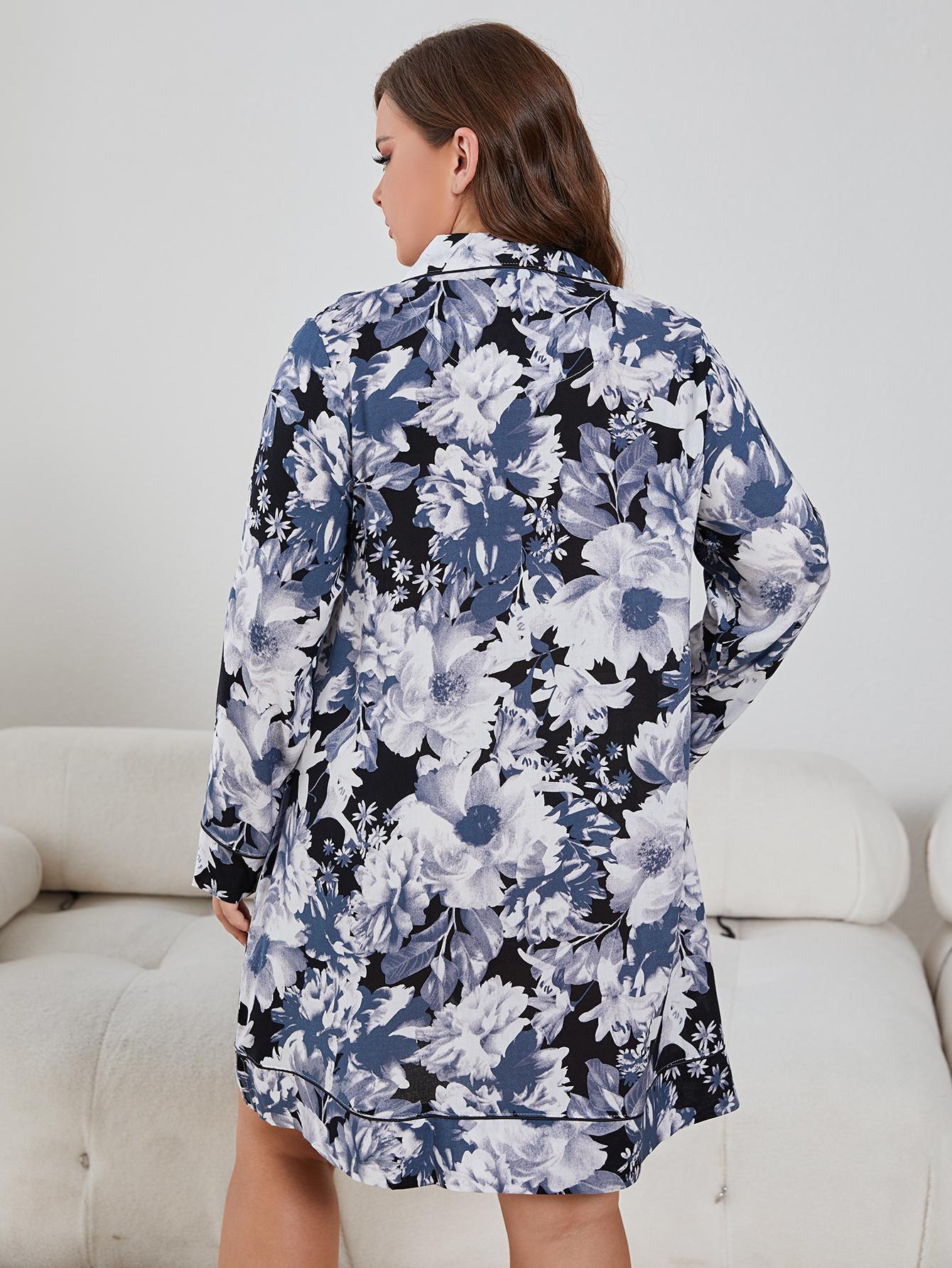 Plus Size Floral Lapel Collar Long Sleeve Night Dress - Fashorio