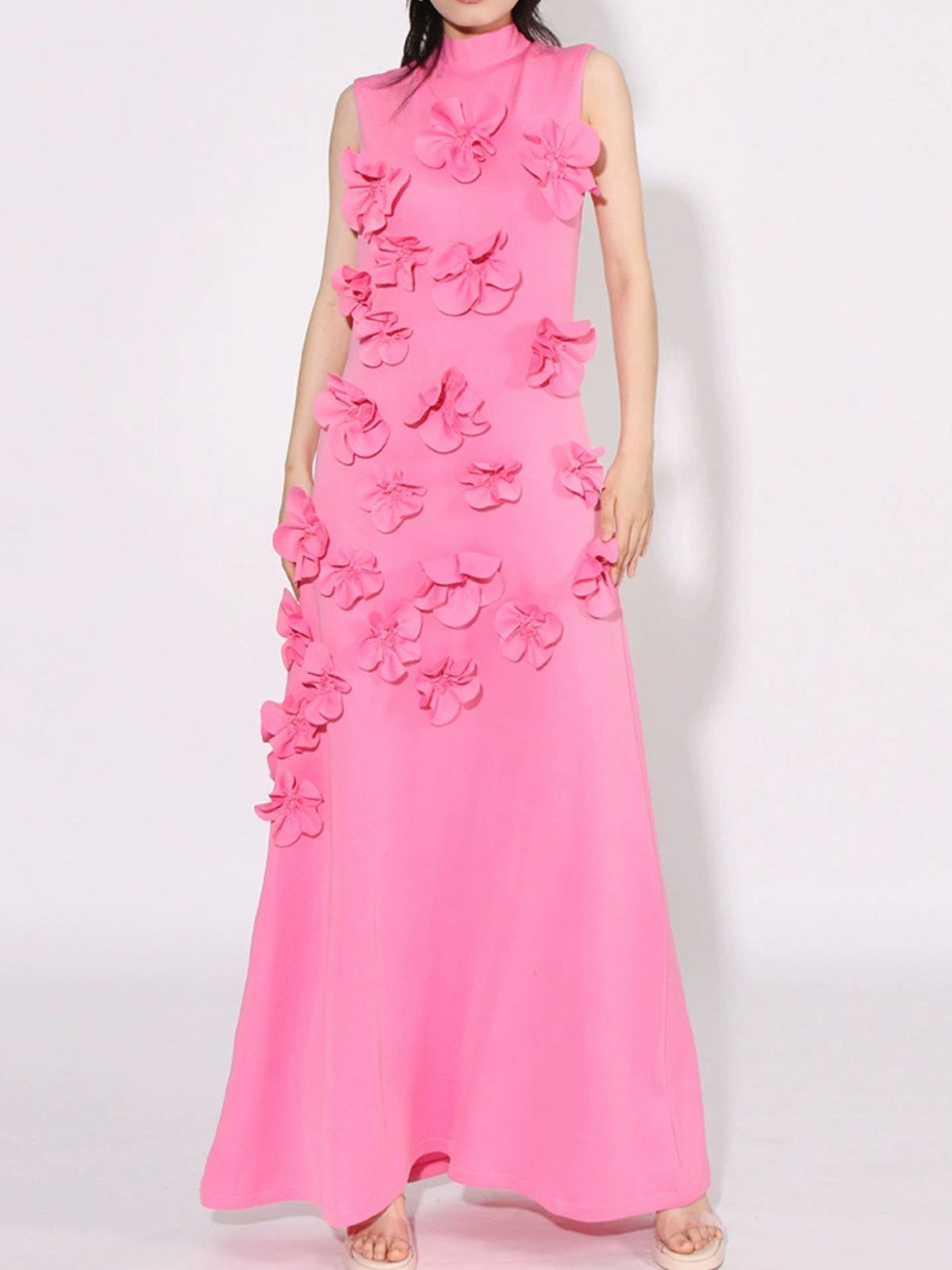 Sleeveless floral applique maxi dress in pink, front view