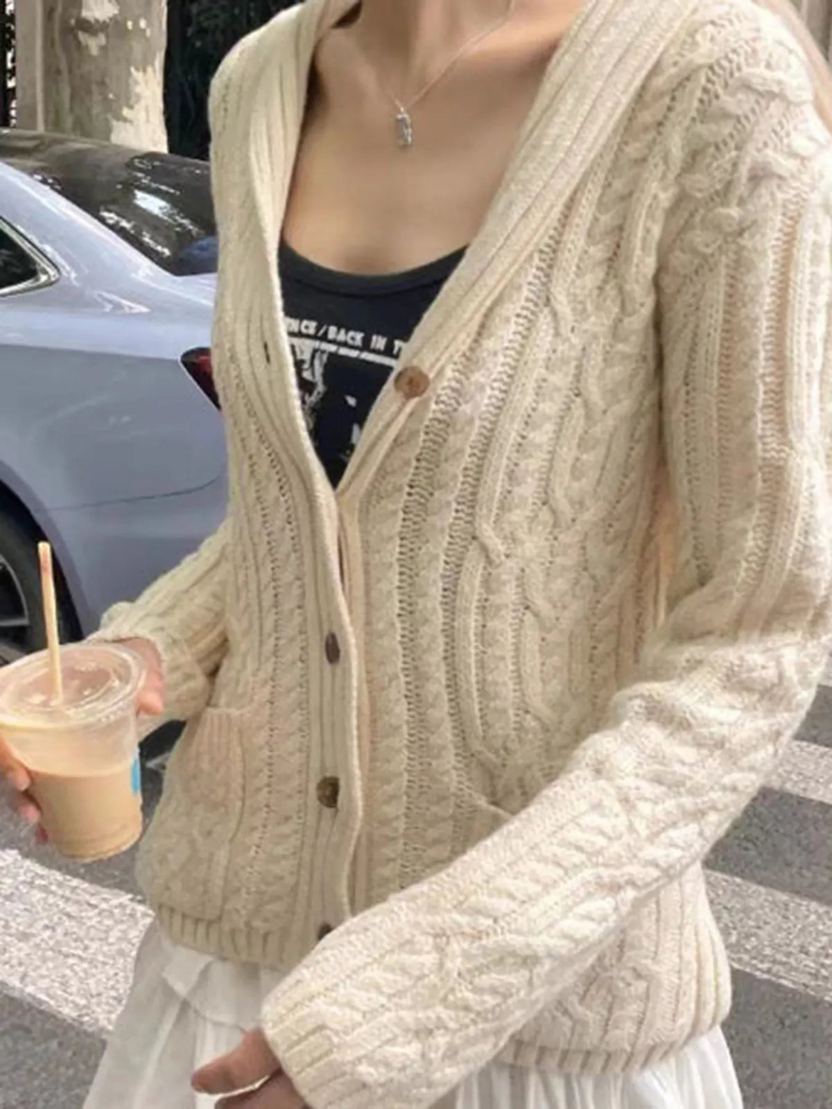 cable knit button up cardigan back view
