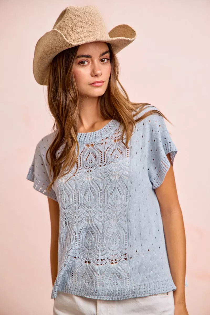Washed Eyelet Short Sleeve Knit Top, view 15
