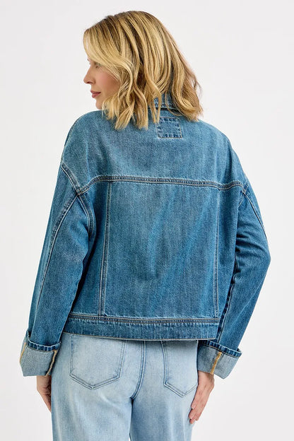 RISEN Oversized Cargo Pocket Denim Jacket with Cuffed Sleeves - Fashorio