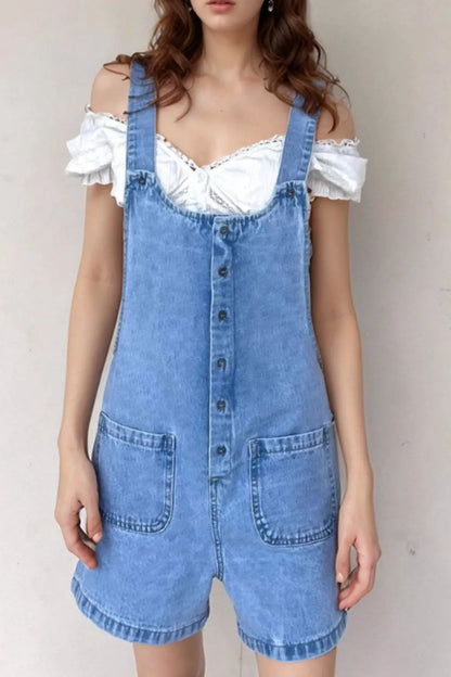 Button Front Denim Overall Shorts with Front Pockets - Fashorio