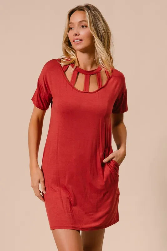Front Cut Out Tee Mini Dress in Ginger