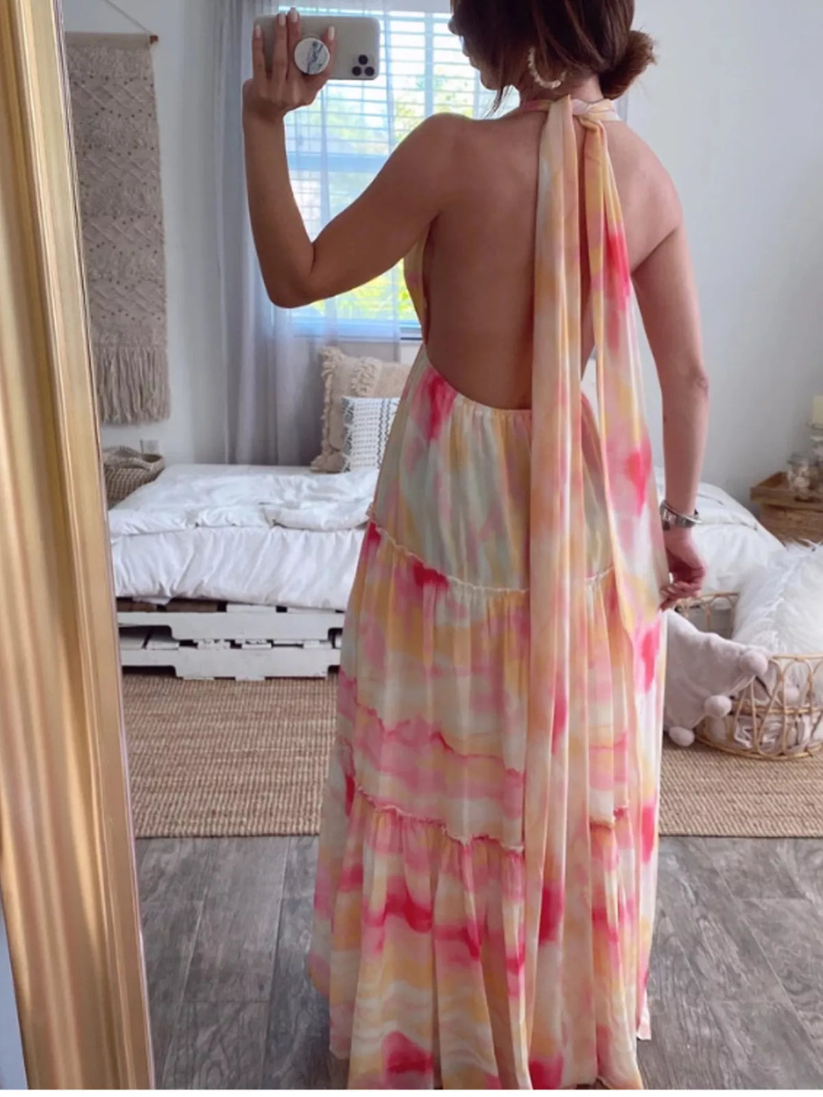 Tie dye dress styled with sandals for a summer day