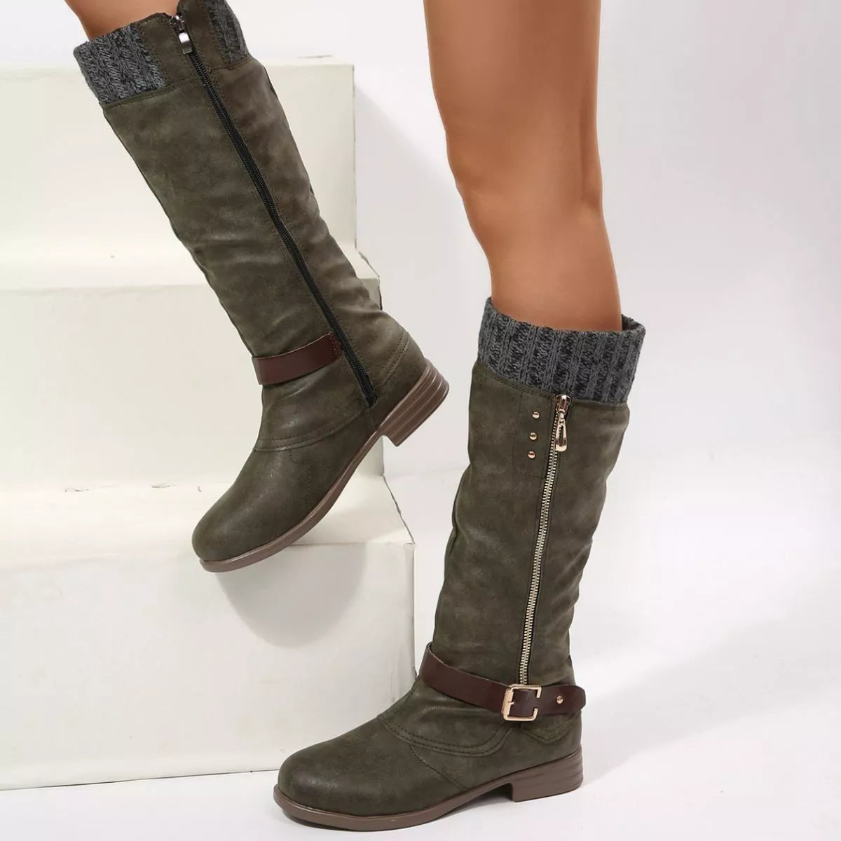Brown round toe block heels boots front facing view