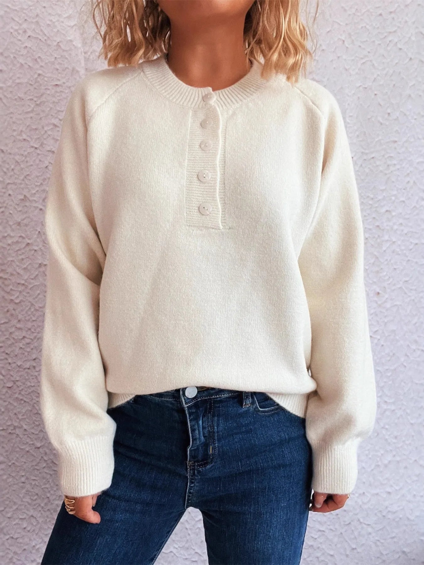 Button-Front Long Sleeve Sweater White One Size - Fashorio