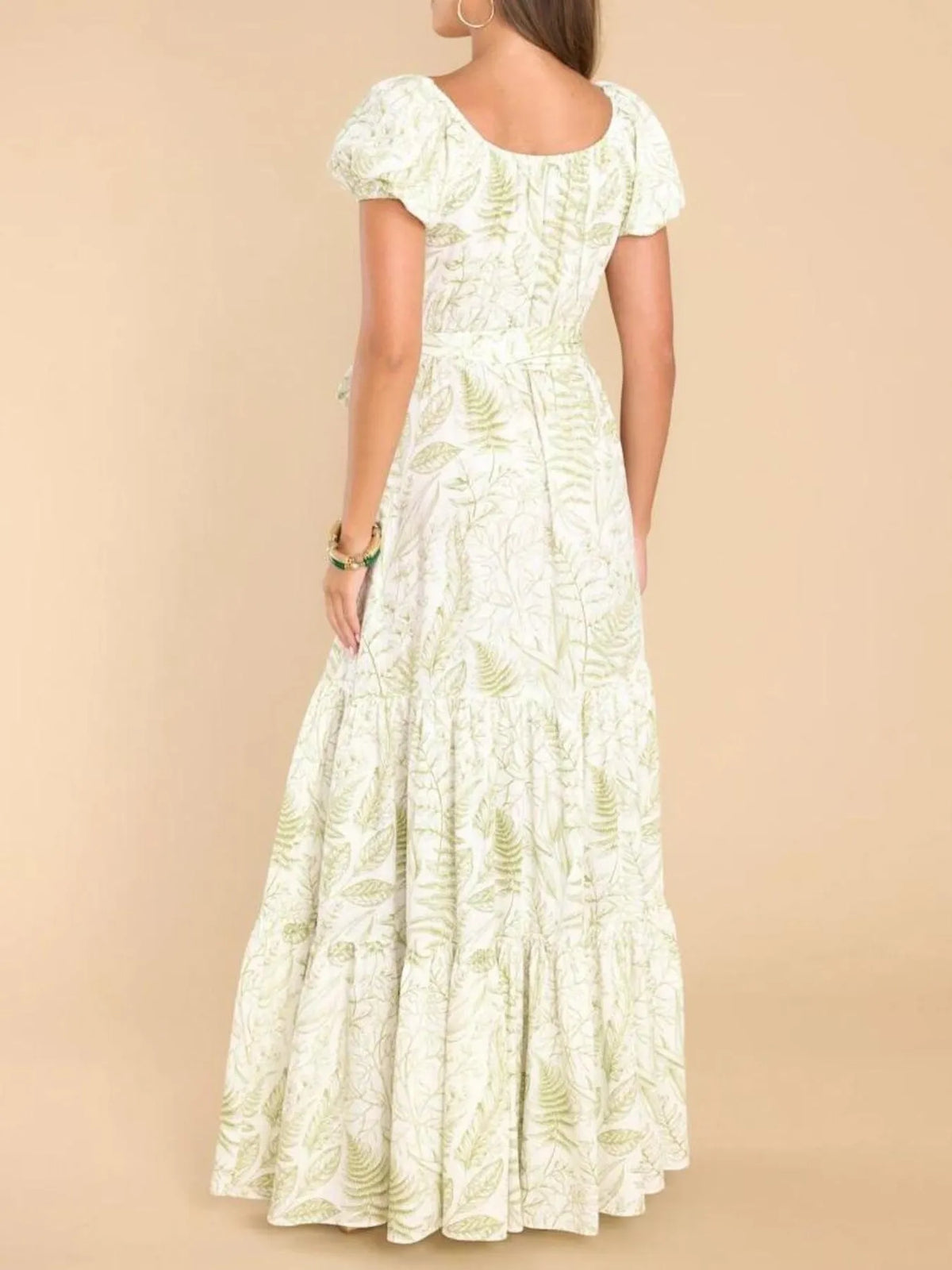 Green printed puff sleeve maxi dress full length view