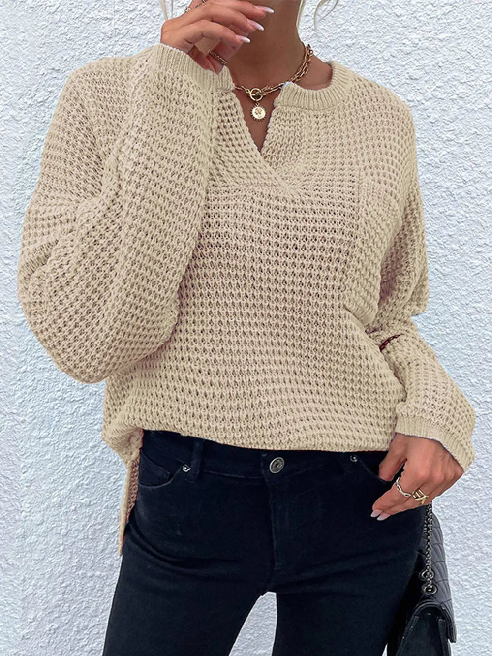 Notched Long Sleeve Sweater Tan - Fashorio