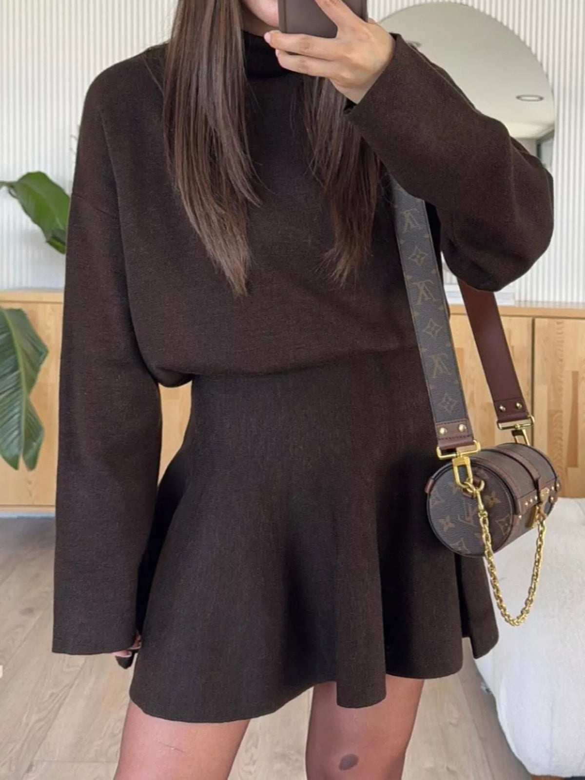 turtleneck sweater and knit skirt matching set full length view