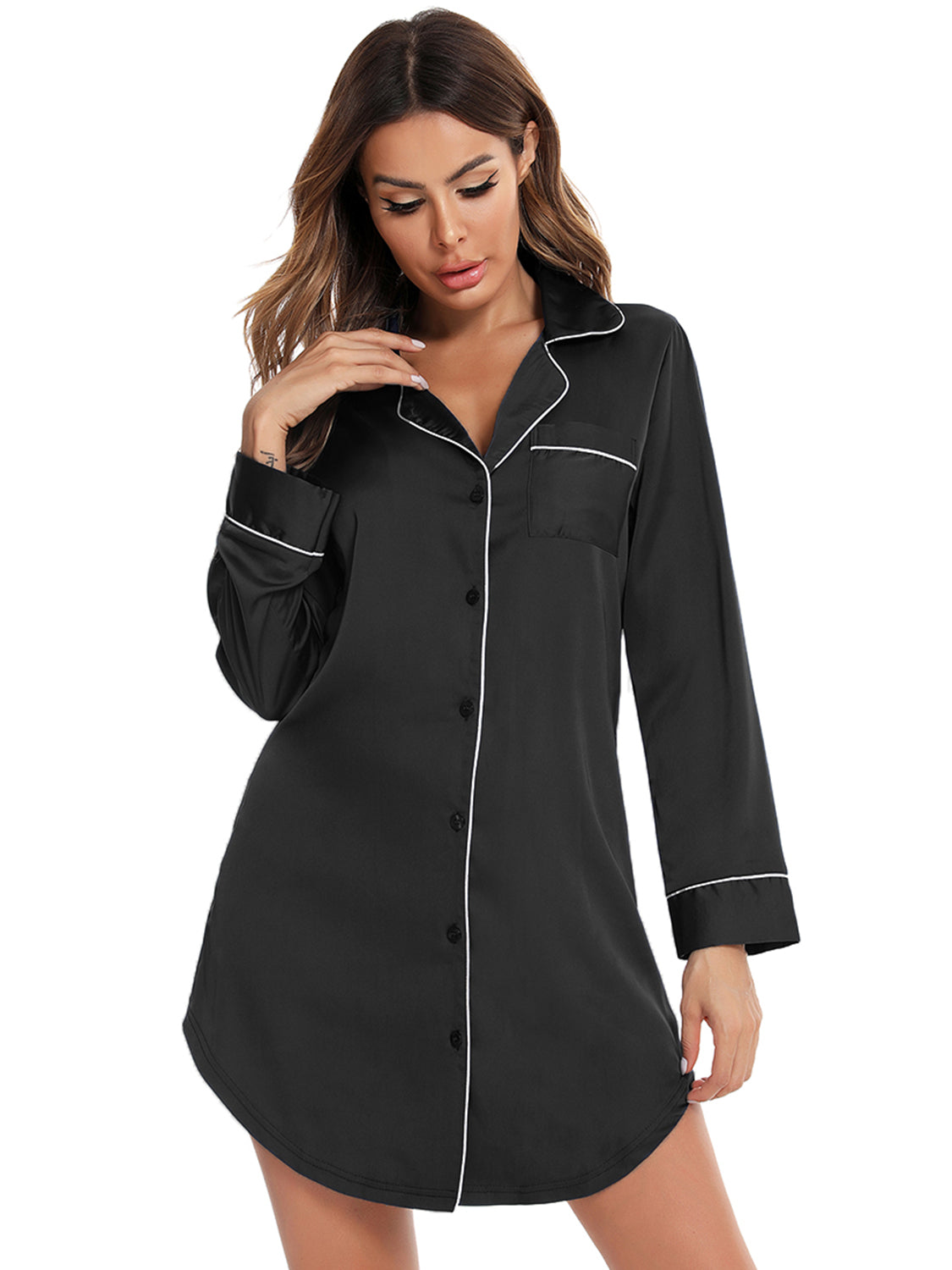Button Up Lapel Collar Night Dress with Pocket - Fashorio