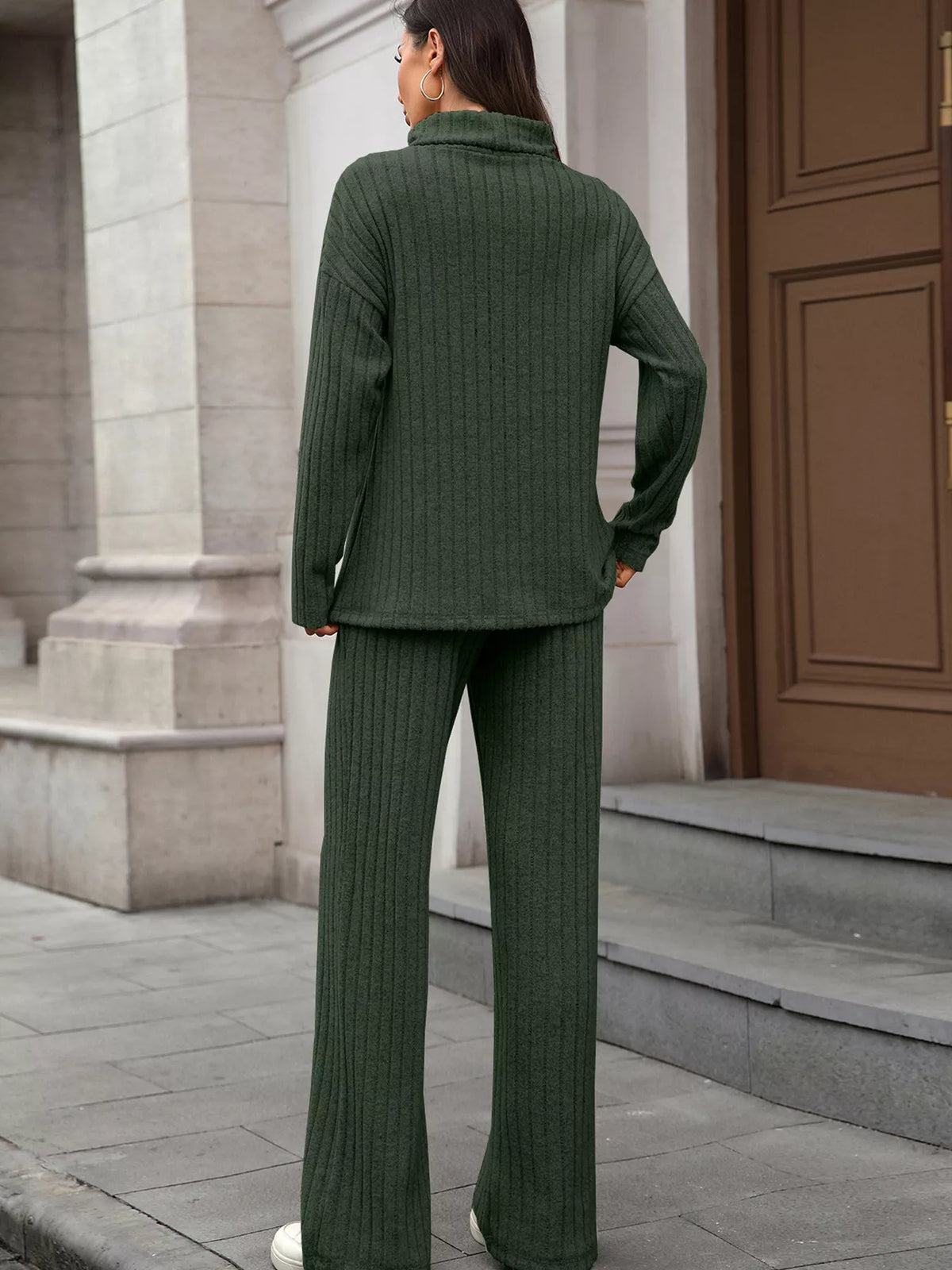 Ribbed turtleneck top and pants set shoulder detail view