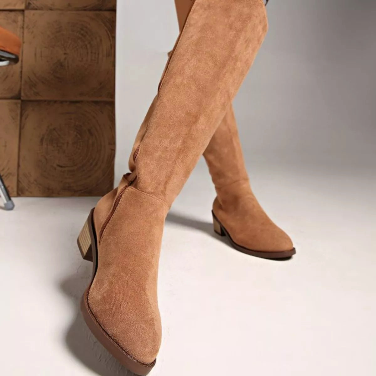 Knee high block heel suede boots pair view