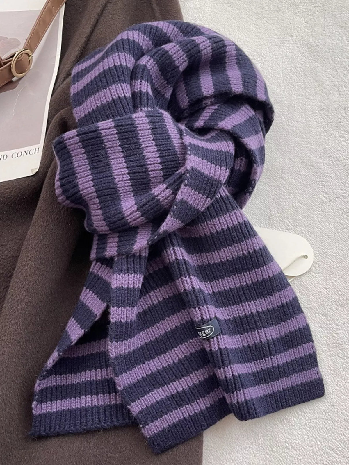 Wool striped knitted winter scarf full length
