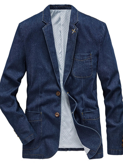 Men's Plus Size Lapel Collar Long Sleeve Denim Blazer Denim Blue - Fashorio
